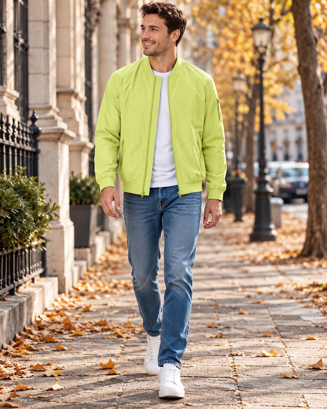 Renzo Men's Windbreaker Bomber with Zipped Hand Pockets, Sleeve Pocket and Ribbed Hem