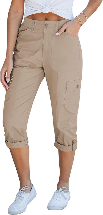 Luna Cargo Pants for Women | High Elastic Waist, Multi-Pocket Capri Design 1