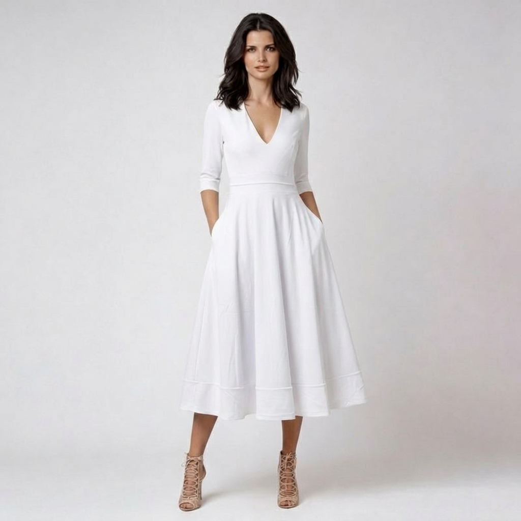 Luna White Dress | Elegant Deep V Neckline, 3/4 Sleeves, Midi Formal Wedding Guest Dress 0