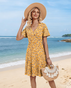 Avery Women's Floral Dress – Crisscross V-Neck A-Line Dress with Ruffle Sleeves