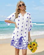 Robe tunique bohème pour femme Cecilia – Robe fleurie à pompons, col en V, longueur genou et poches