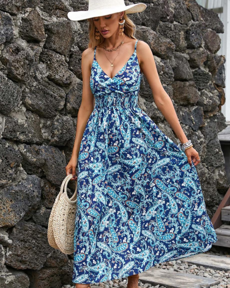 Abito maxi floreale da donna Isla – Abito estivo boho a vita alta con scollo a V e spalline sottili