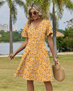 Avery Women's Floral Dress – Crisscross V-Neck A-Line Dress with Ruffle Sleeves