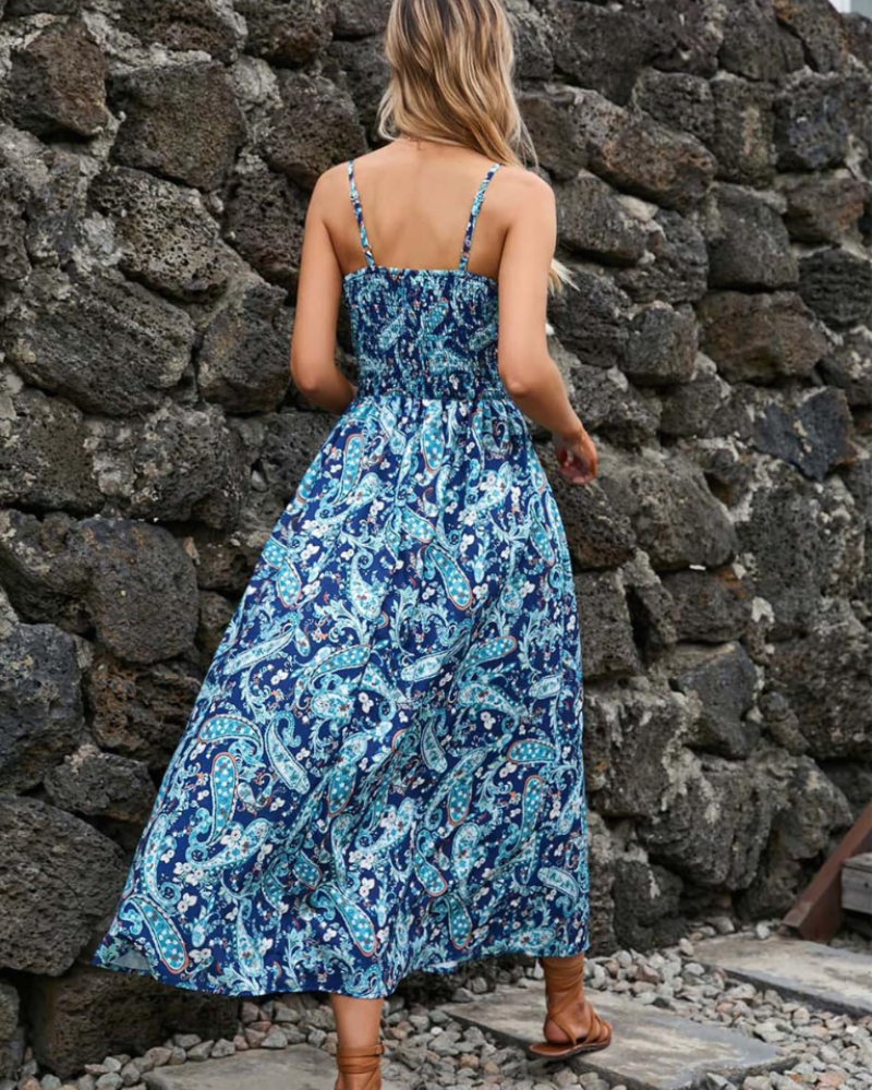 Abito maxi floreale da donna Isla – Abito estivo boho a vita alta con scollo a V e spalline sottili