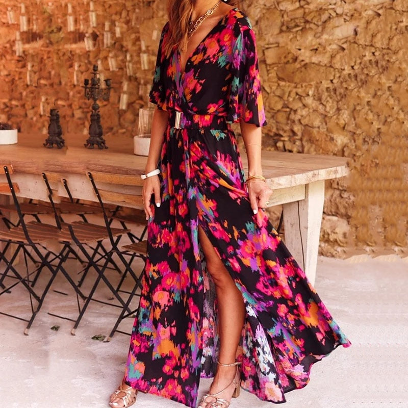 Abito lungo a portafoglio da donna Ronja – Abito da sera elegante e leggero per primavera ed estate