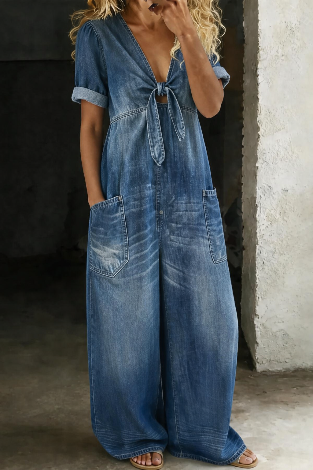 Maya Denim Jumpsuit | V Neck, Comfortable Fit for Women 0