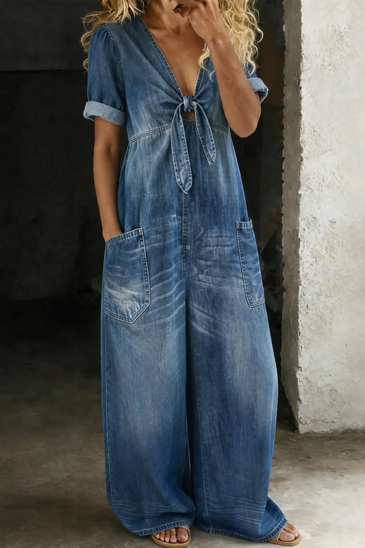 Maya Denim Jumpsuit | V Neck, Comfortable Fit for Women 0