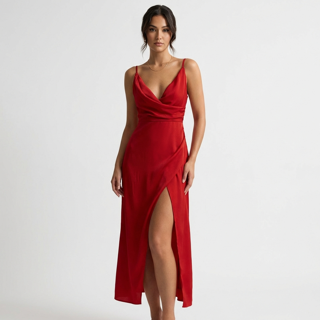 Mira Black Maxi Dress | Draped Neckline, High Side Slit, Full-Length 0