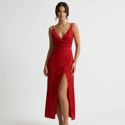Mira Black Maxi Dress | Draped Neckline, High Side Slit, Full-Length 0