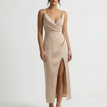 Mira Black Maxi Dress | Draped Neckline, High Side Slit, Full-Length 3