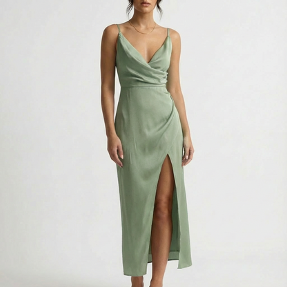 Mira Black Maxi Dress | Draped Neckline, High Side Slit, Full-Length 4