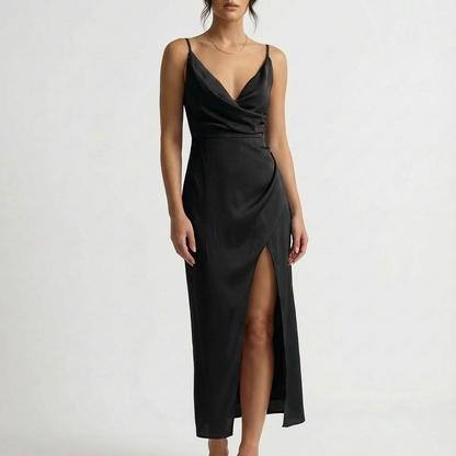 Mira Black Maxi Dress | Draped Neckline, High Side Slit, Full-Length 5