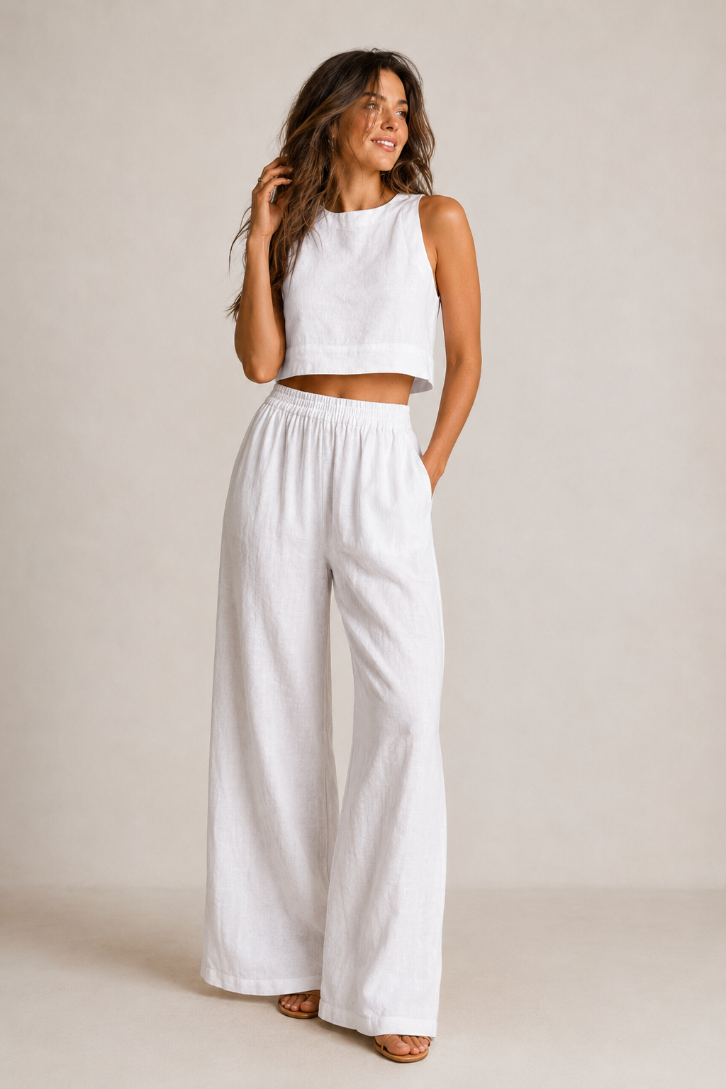 Mira Cotton Two Piece Set | Sleeveless Top and Wide-Leg Trousers, Elastic Waistband 0