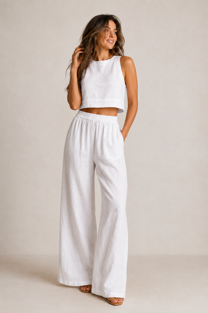 Mira Cotton Two Piece Set | Sleeveless Top and Wide-Leg Trousers, Elastic Waistband 0