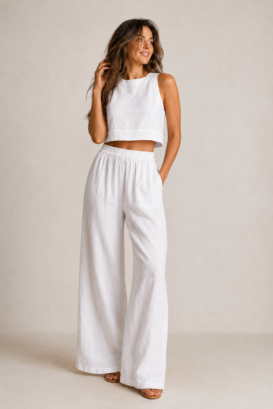 Mira Cotton Two Piece Set | Sleeveless Top and Wide-Leg Trousers, Elastic Waistband 0