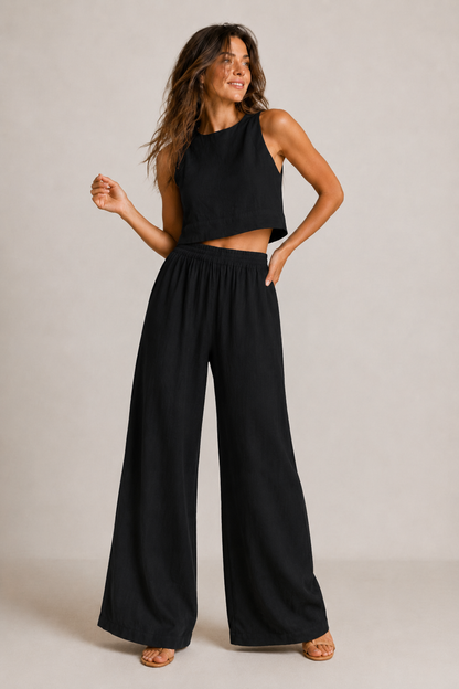 Mira Cotton Two Piece Set | Sleeveless Top and Wide-Leg Trousers, Elastic Waistband 1