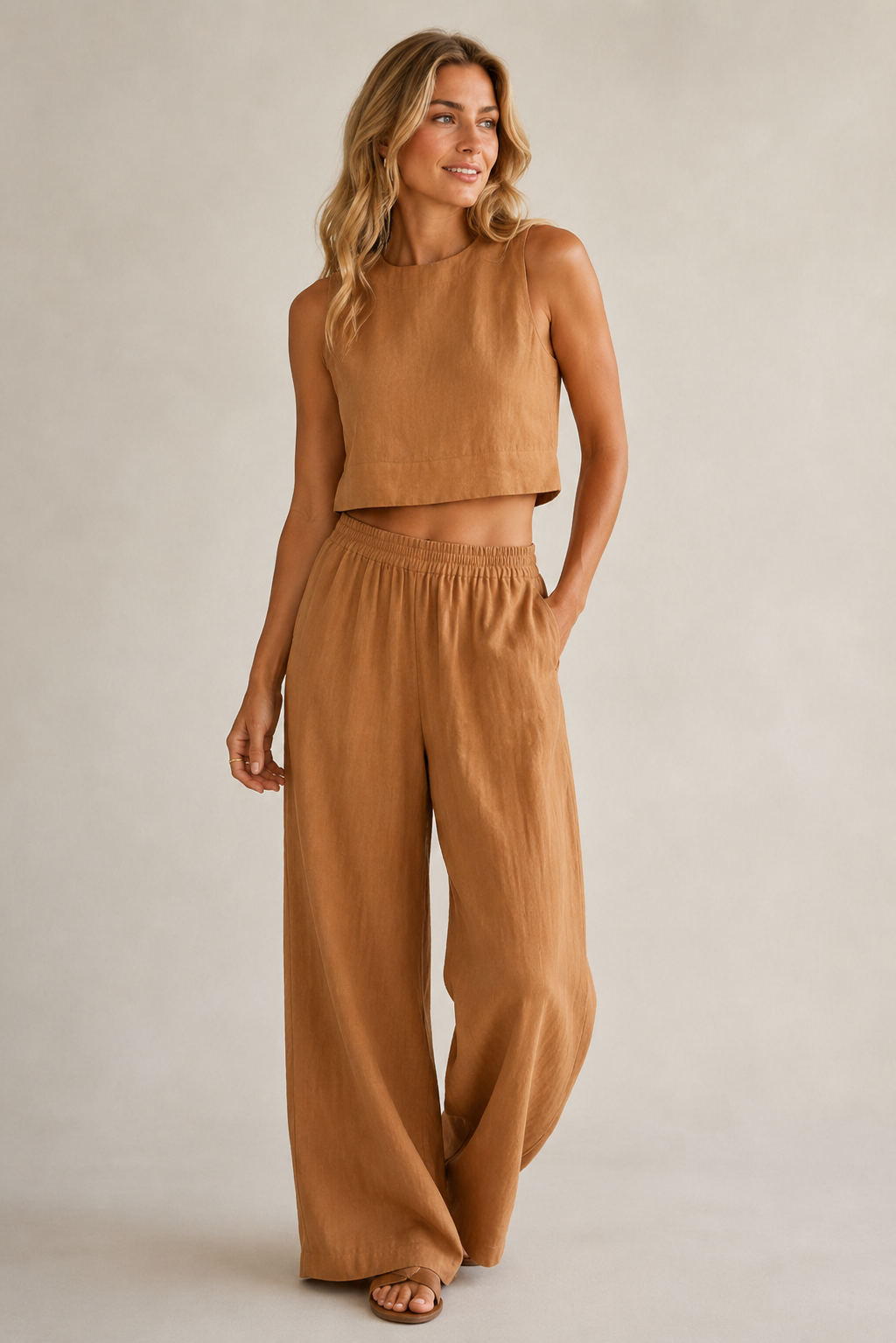 Mira Cotton Two Piece Set | Sleeveless Top and Wide-Leg Trousers, Elastic Waistband 2