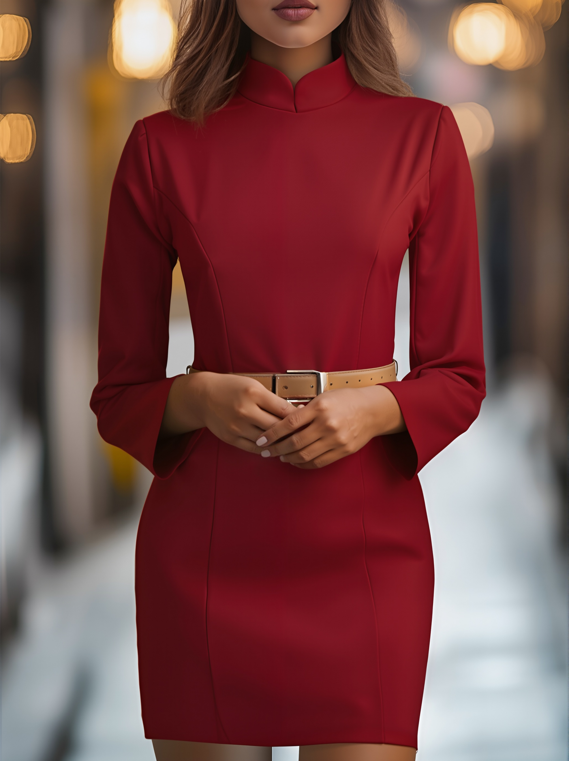 Mira Womens Dress | Elegant Mandarin Collar, Belted Plus Size Available 5