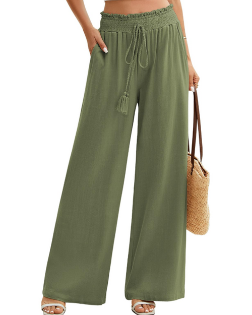 Pantalones de lino de pierna ancha para mujer Bianca – Pantalones de verano con cintura elástica y bolsillos