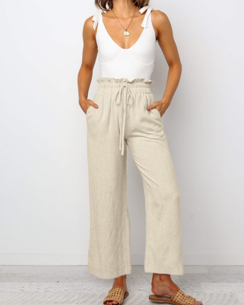 Luna Women’s Linen Pants – High Waist Wide Leg Drawstring Trousers with Pockets
