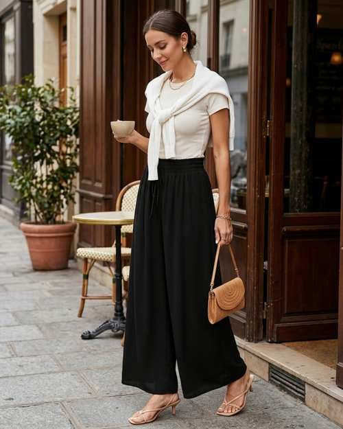 Pantalones palazzo para mujer Amelia: pantalones de verano de pierna ancha con cordón y bolsillos