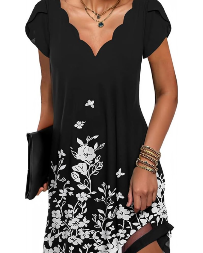 Robe tunique à col en V pour femme Brooke – Mini-robe décontractée à manches courtes et ourlet fluide