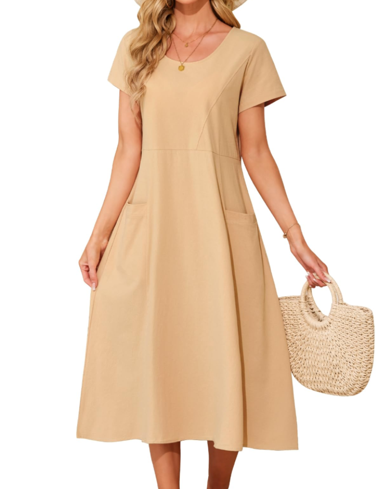 Aubrey Women's Cotton Midi Dress – Round Neck Boho Dress with Side Pockets