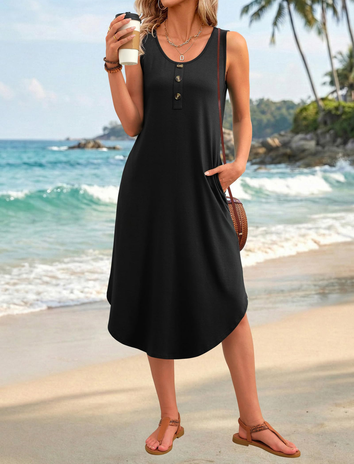 Lydia Women's Sleeveless Midi Dress – Button-Front Summer Dress with Pockets