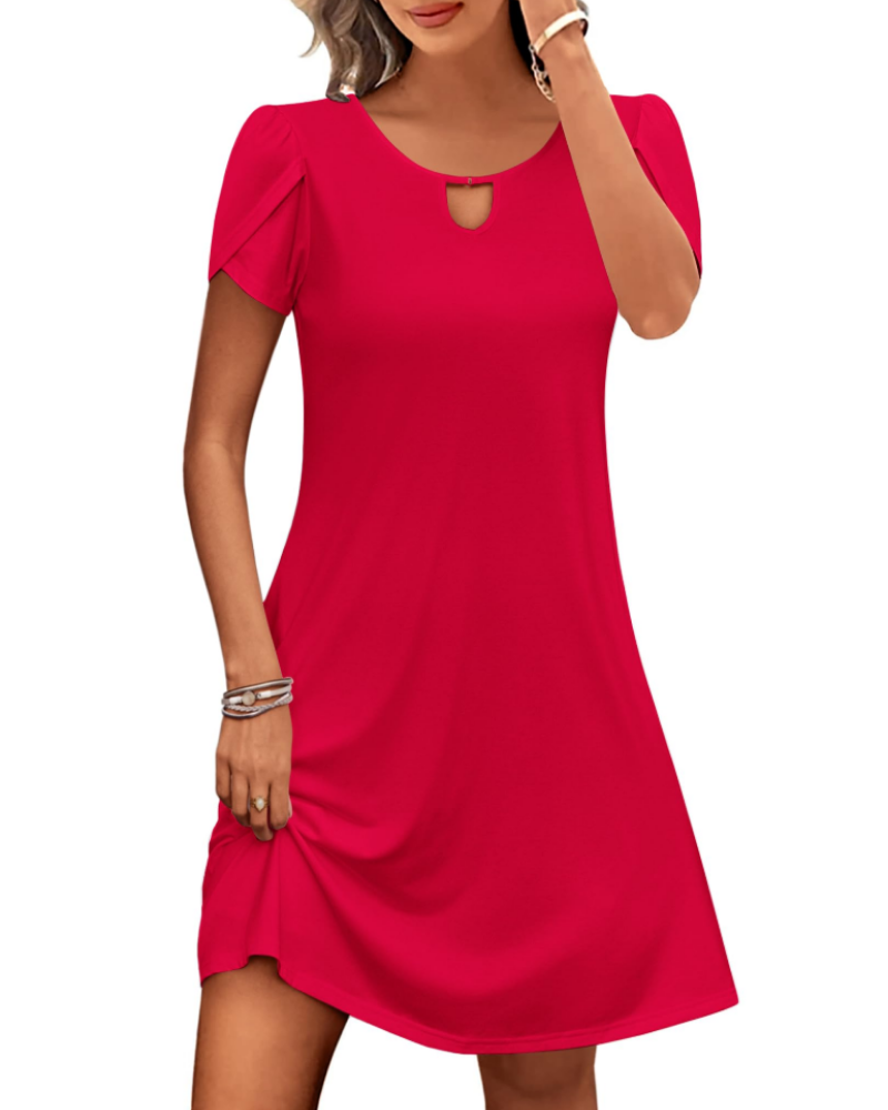 Natalie Women's Floral Midi Dress – Round Neck A-Line Dress with Puff Sleeves & Pockets