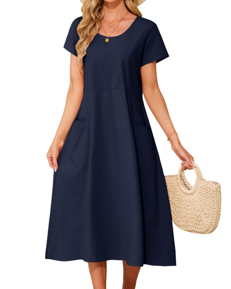 Aubrey Women's Cotton Midi Dress – Round Neck Boho Dress with Side Pockets
