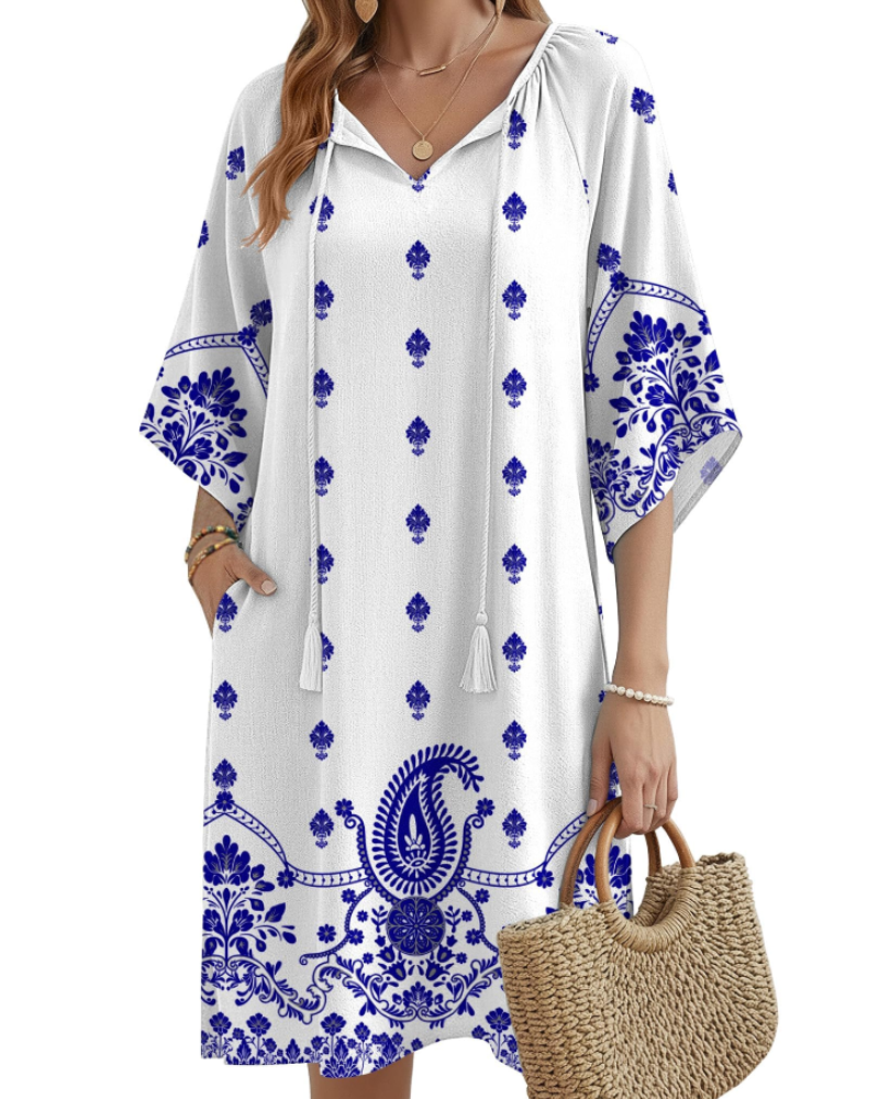 Robe tunique bohème pour femme Cecilia – Robe fleurie à pompons, col en V, longueur genou et poches