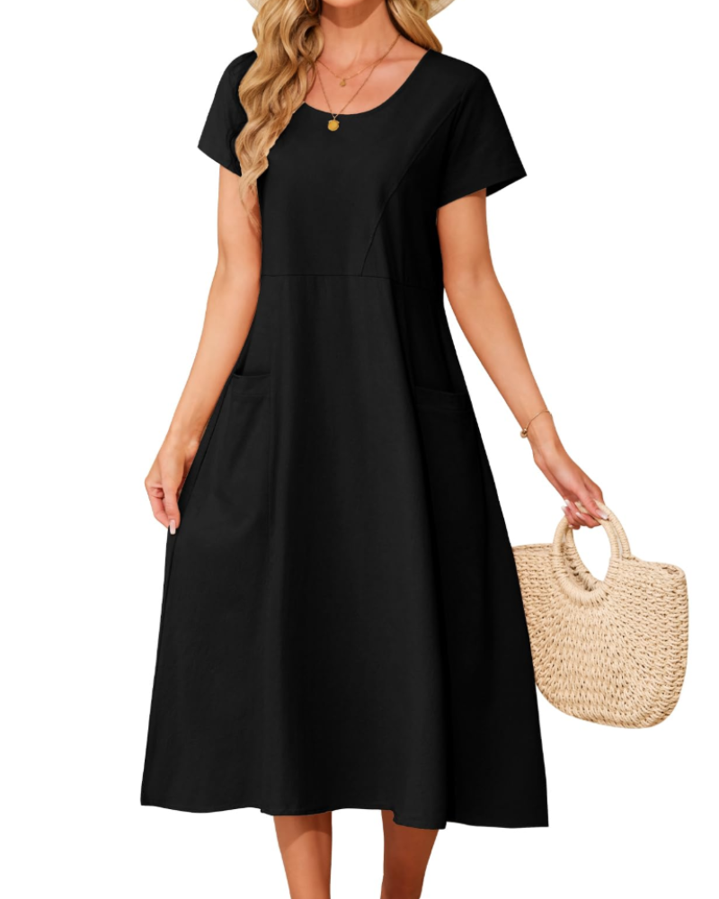 Aubrey Women's Cotton Midi Dress – Round Neck Boho Dress with Side Pockets