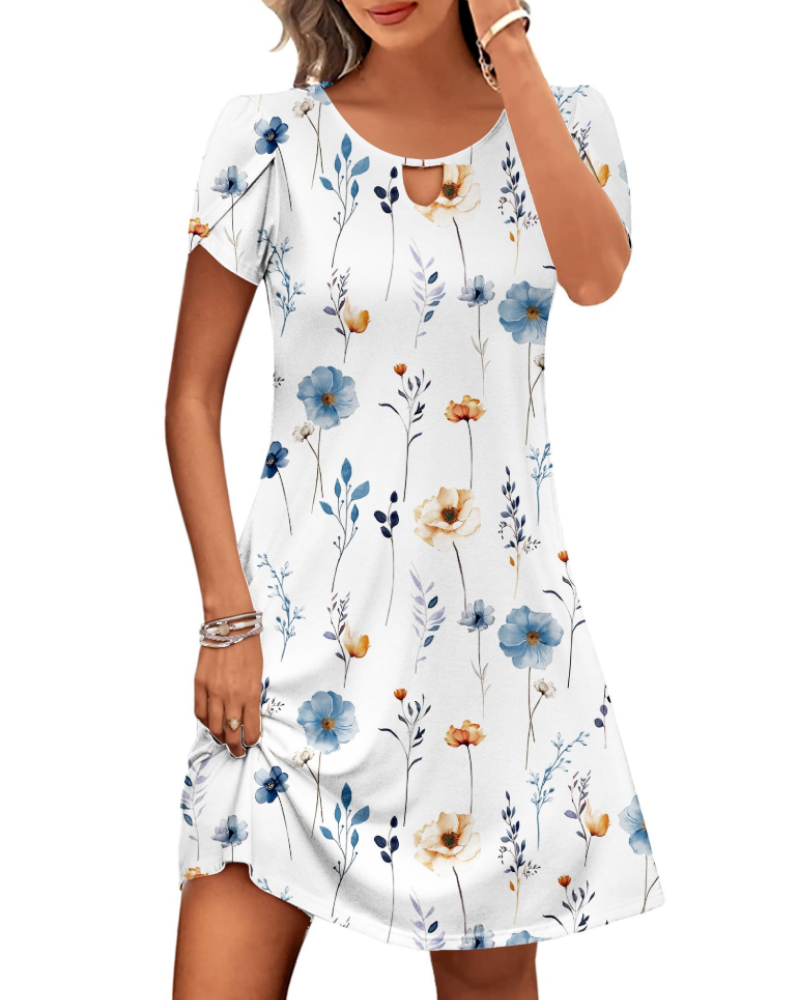 Natalie Women's Floral Midi Dress – Round Neck A-Line Dress with Puff Sleeves & Pockets
