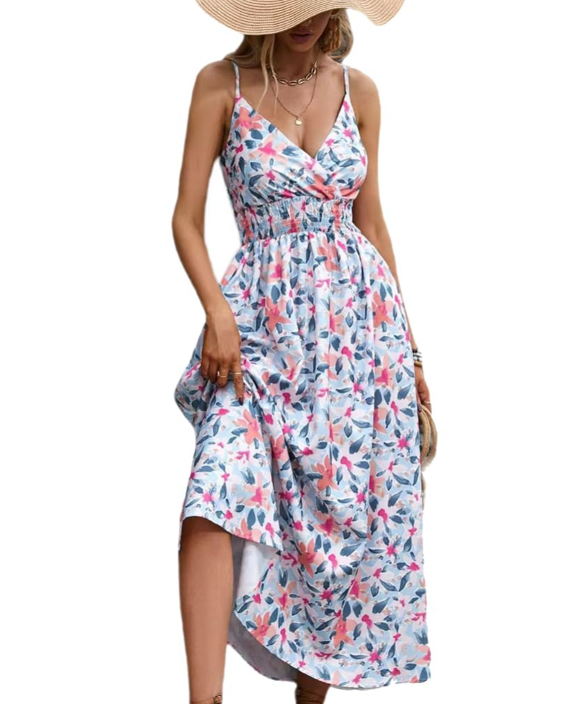 Abito maxi floreale da donna Isla – Abito estivo boho a vita alta con scollo a V e spalline sottili