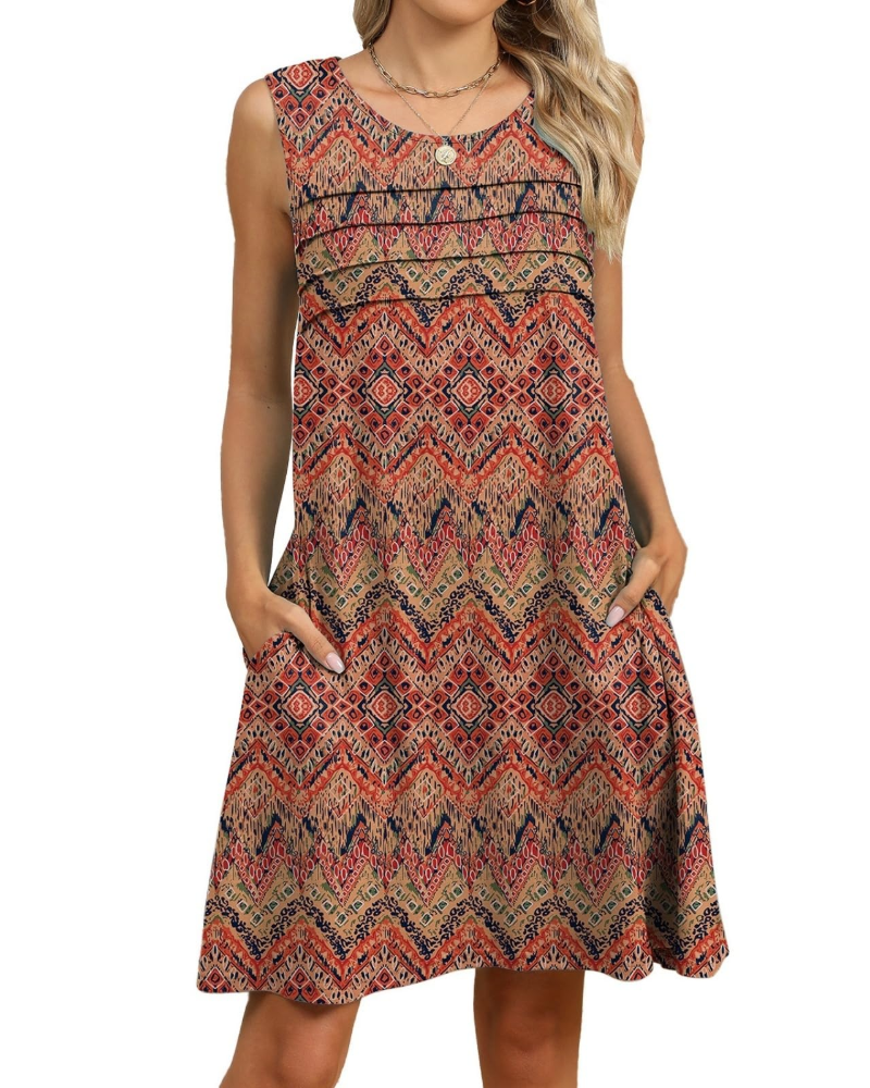 Camila Women's Floral Midi Dress – Sleeveless A-Line Dress with Pockets
