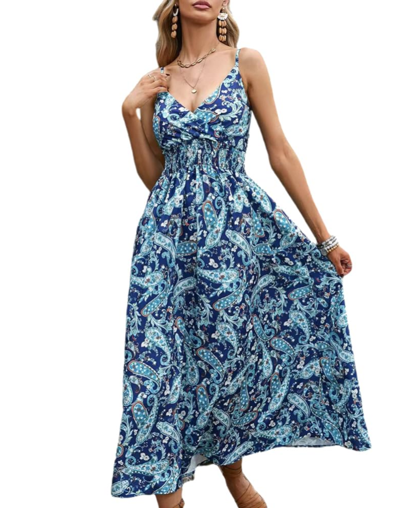Abito maxi floreale da donna Isla – Abito estivo boho a vita alta con scollo a V e spalline sottili
