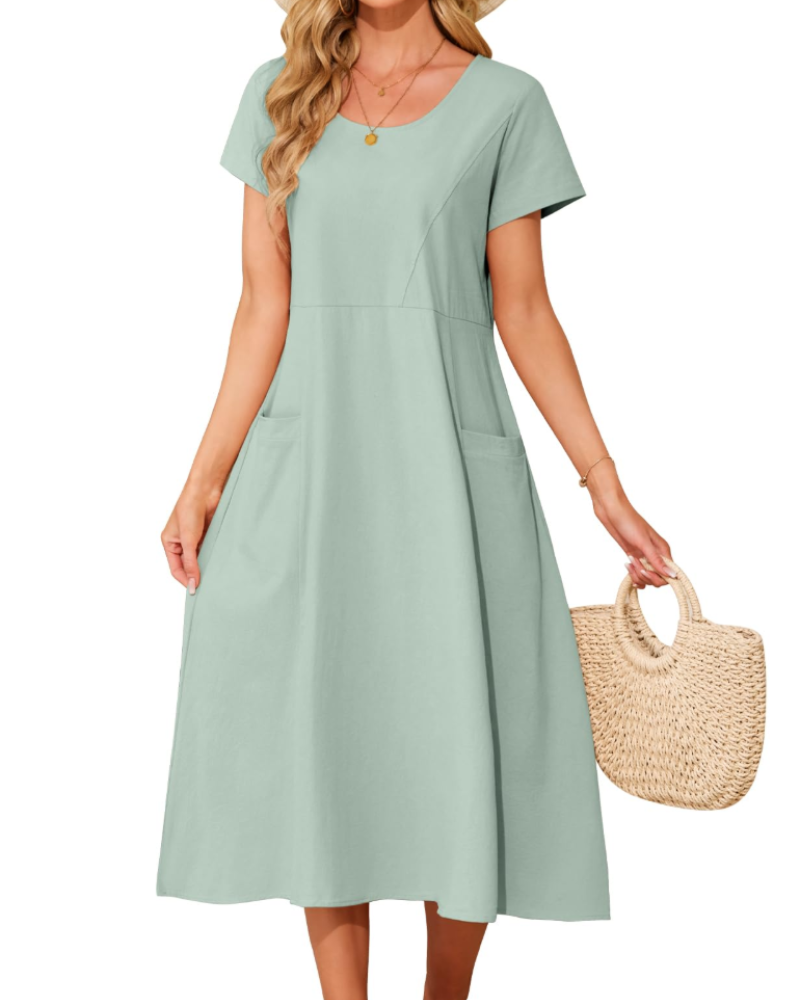 Aubrey Women's Cotton Midi Dress – Round Neck Boho Dress with Side Pockets