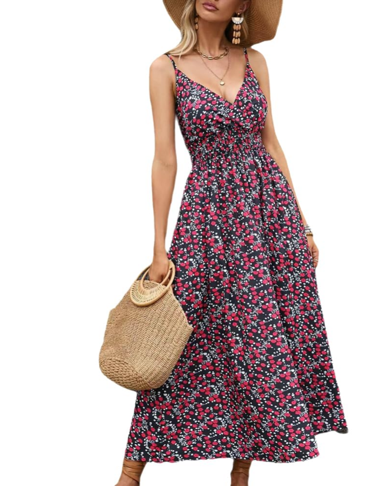 Abito maxi floreale da donna Isla – Abito estivo boho a vita alta con scollo a V e spalline sottili
