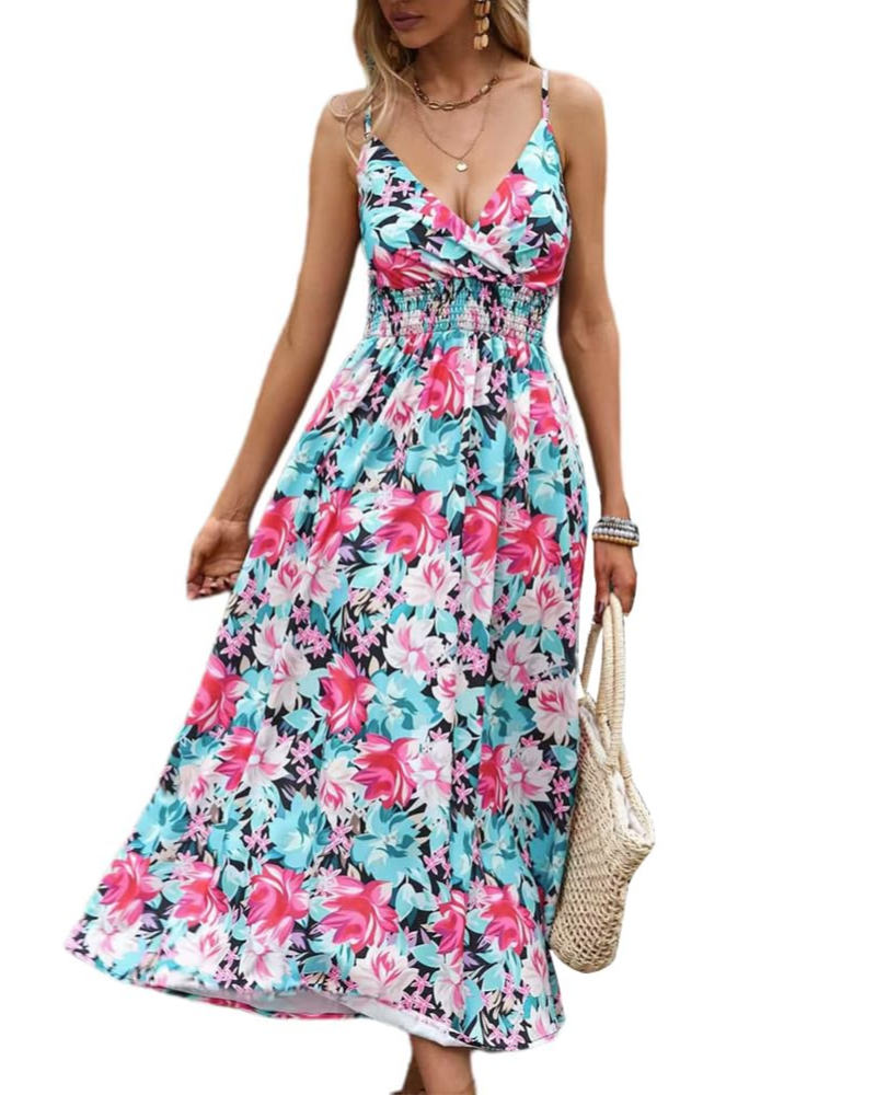 Abito maxi floreale da donna Isla – Abito estivo boho a vita alta con scollo a V e spalline sottili