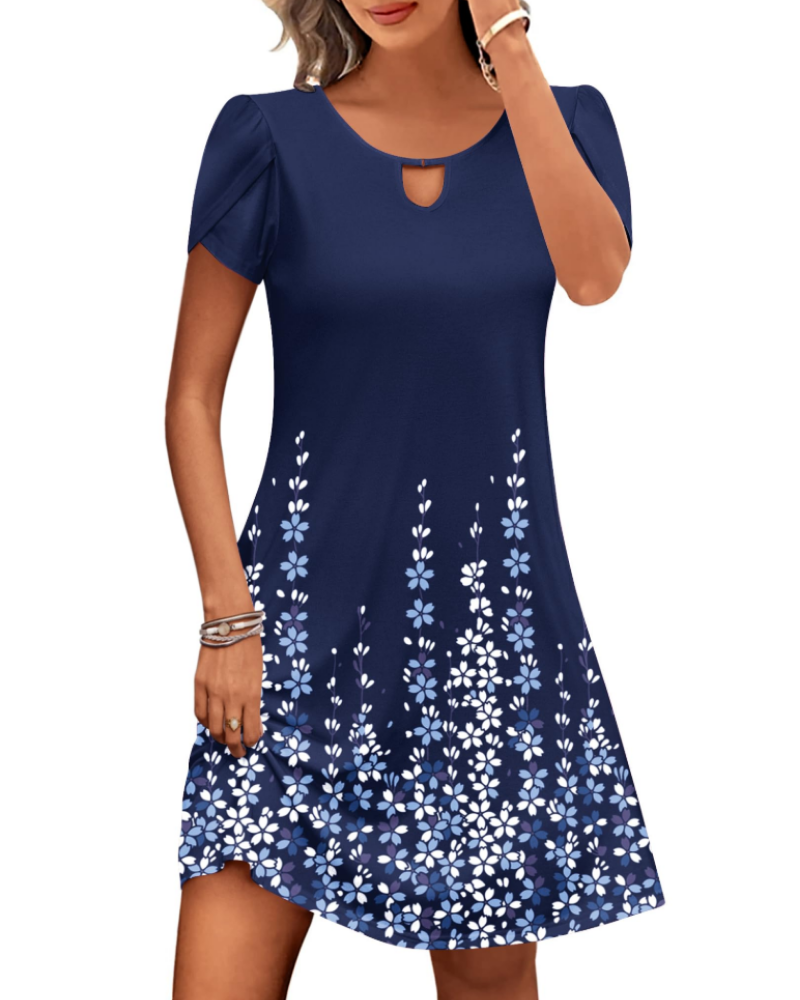 Natalie Women's Floral Midi Dress – Round Neck A-Line Dress with Puff Sleeves & Pockets