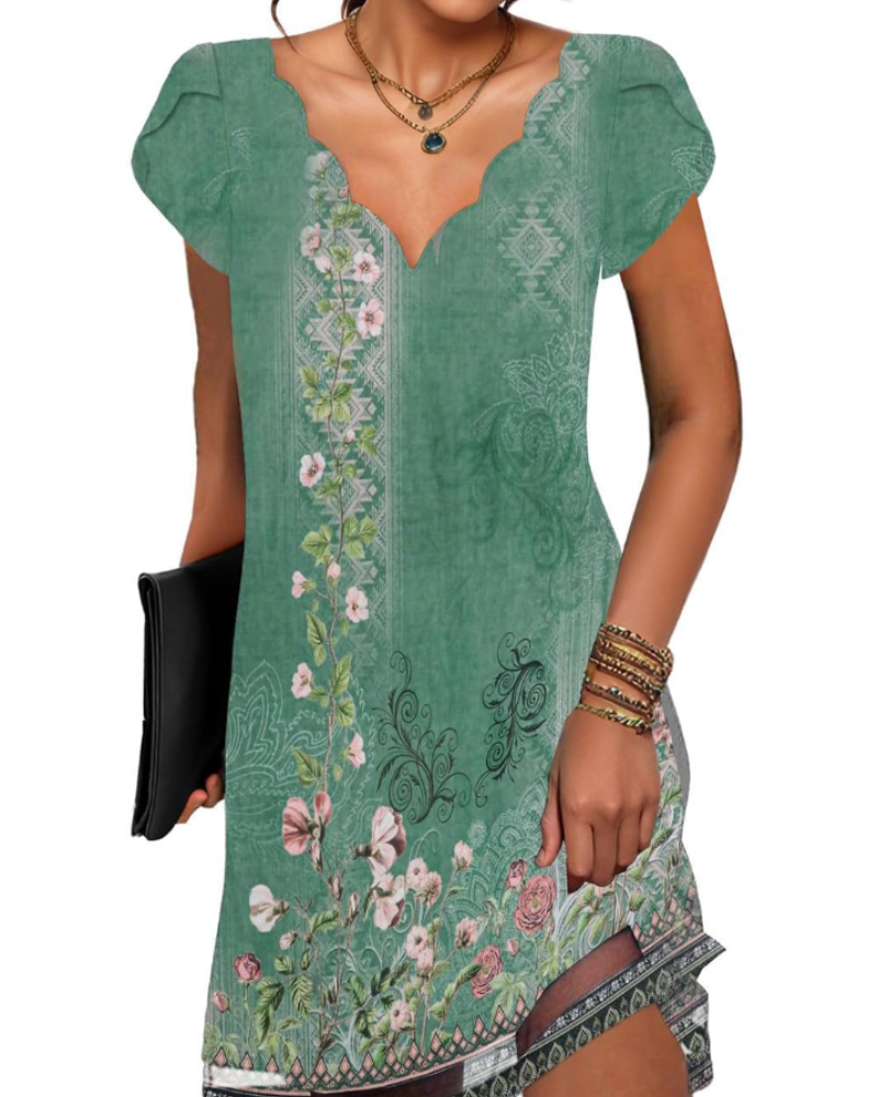 Robe tunique à col en V pour femme Brooke – Mini-robe décontractée à manches courtes et ourlet fluide
