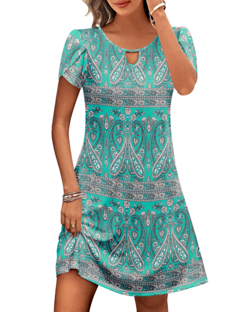 Natalie Women's Floral Midi Dress – Round Neck A-Line Dress with Puff Sleeves & Pockets