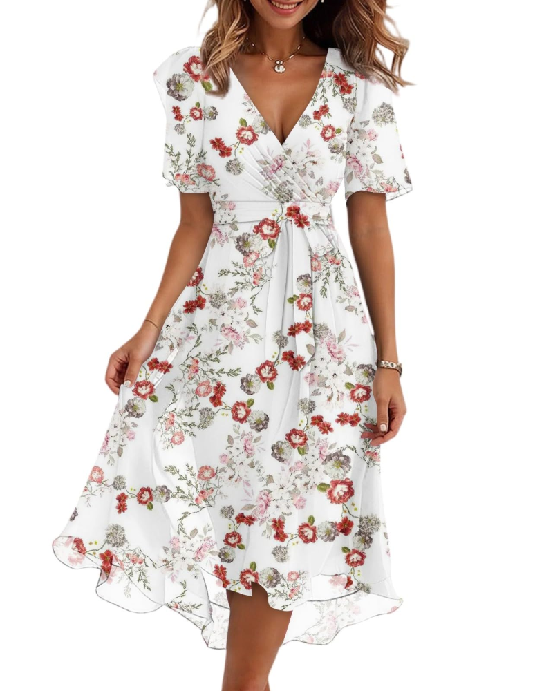 Robe midi fleurie pour femme Florence – Robe élégante portefeuille à col en V, ceinture et manches bouffantes