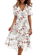 Robe midi fleurie pour femme Florence – Robe élégante portefeuille à col en V, ceinture et manches bouffantes
