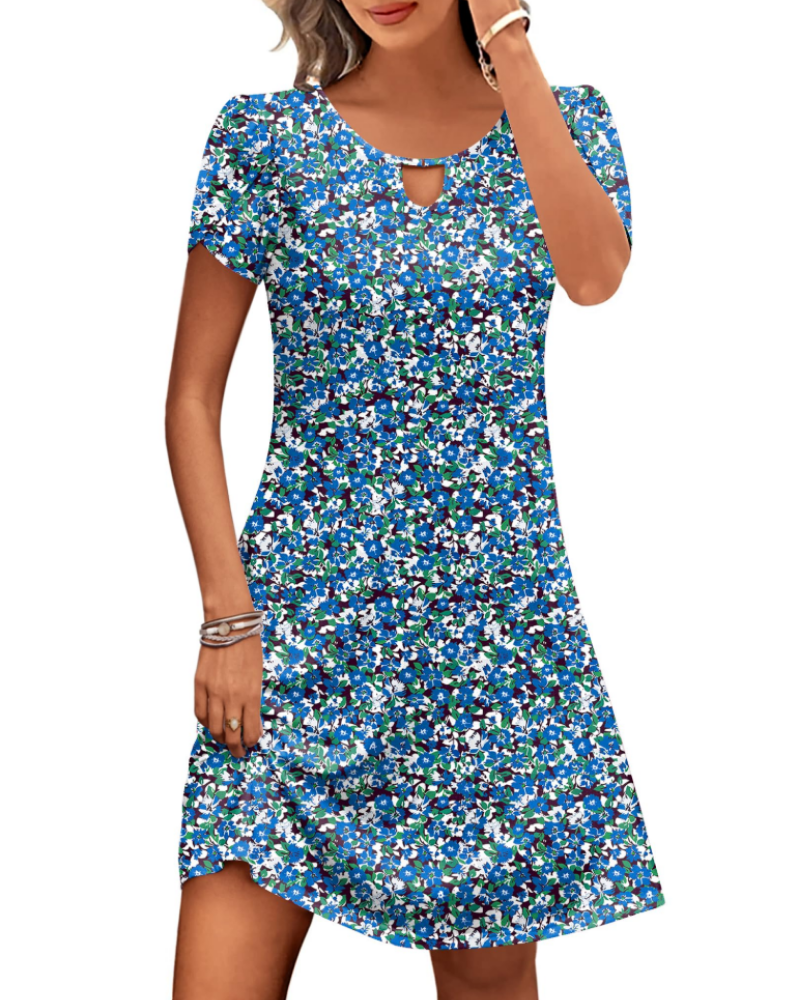 Natalie Women's Floral Midi Dress – Round Neck A-Line Dress with Puff Sleeves & Pockets