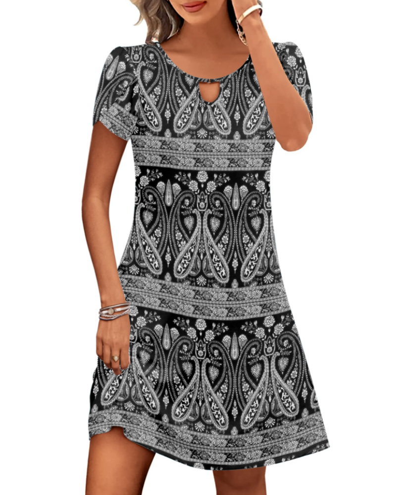 Natalie Women's Floral Midi Dress – Round Neck A-Line Dress with Puff Sleeves & Pockets