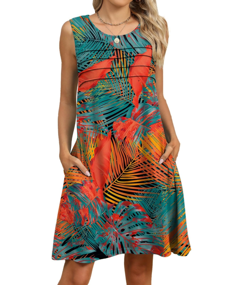 Camila Women's Floral Midi Dress – Sleeveless A-Line Dress with Pockets