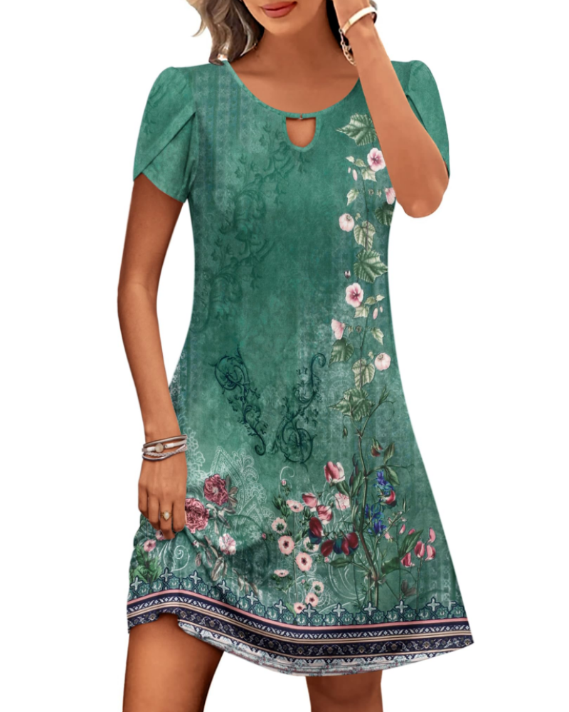 Natalie Women's Floral Midi Dress – Round Neck A-Line Dress with Puff Sleeves & Pockets