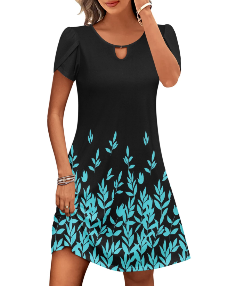 Natalie Women's Floral Midi Dress – Round Neck A-Line Dress with Puff Sleeves & Pockets