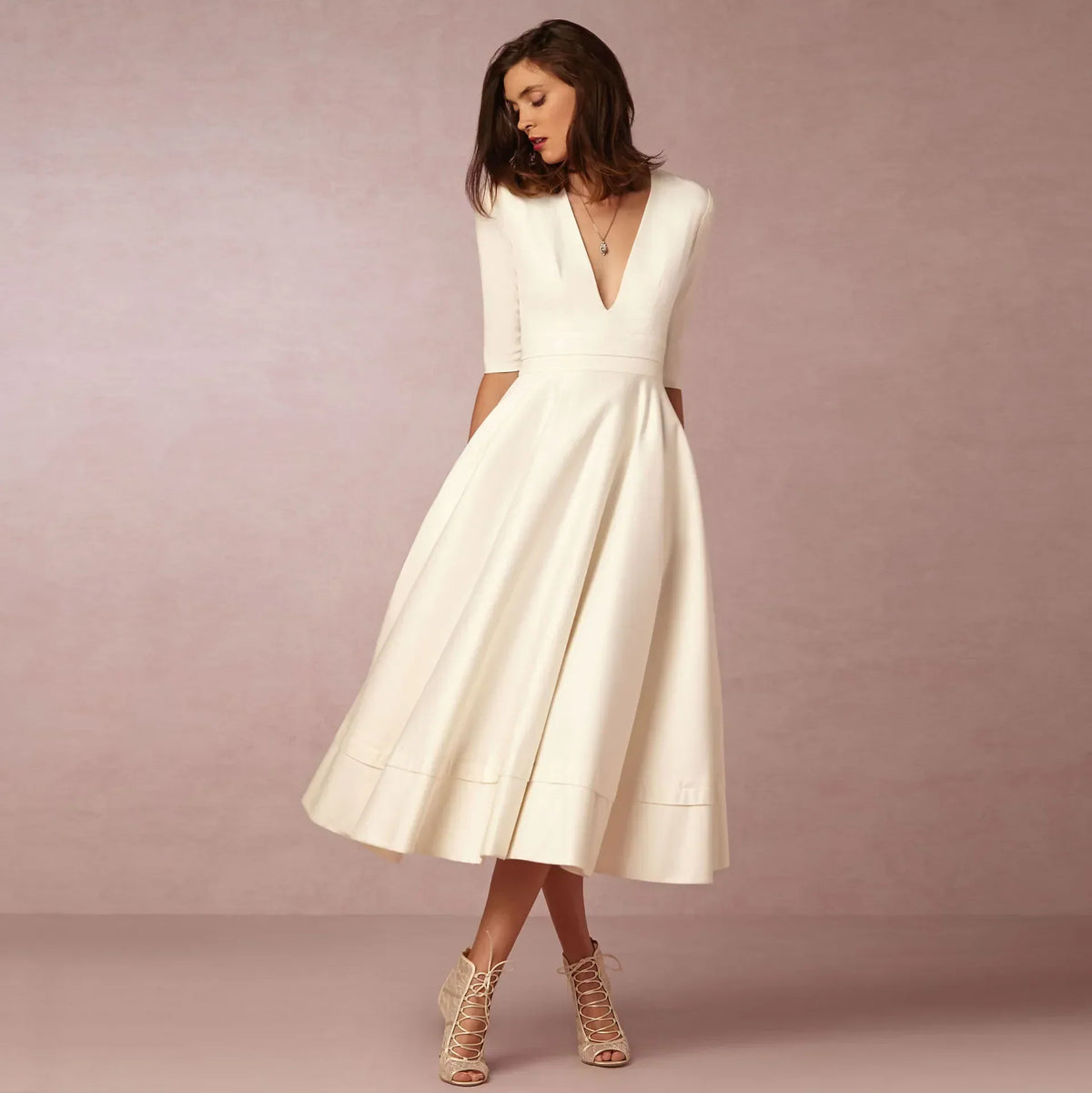 Ivoire Women's Cotton Midi Dress – Ivory Fitted Minimalist Elegant Dress